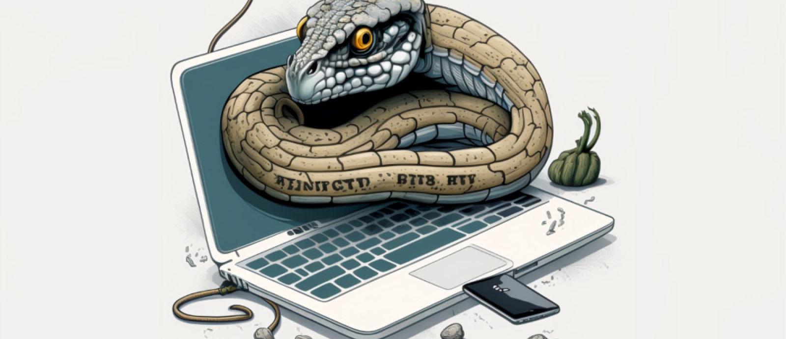 A drawing of a python coming out of a computer screen.