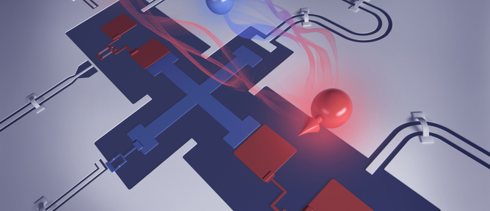 Caption:This artist rendering shows the researchers' superconducting qubit architecture, with the fluxonium qubits in red and the blue, transmon coupler in between them.