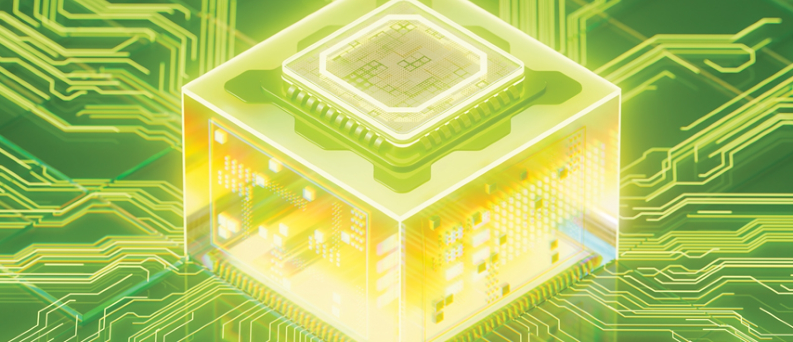 an illustration of an integrated circuit surrounded by a green cube.