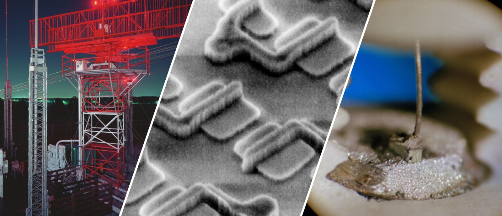 three photos: left shows an air traffic control radar; middle shows an SEM photo of microelectronic devices; and right shows a close-up of a laser.