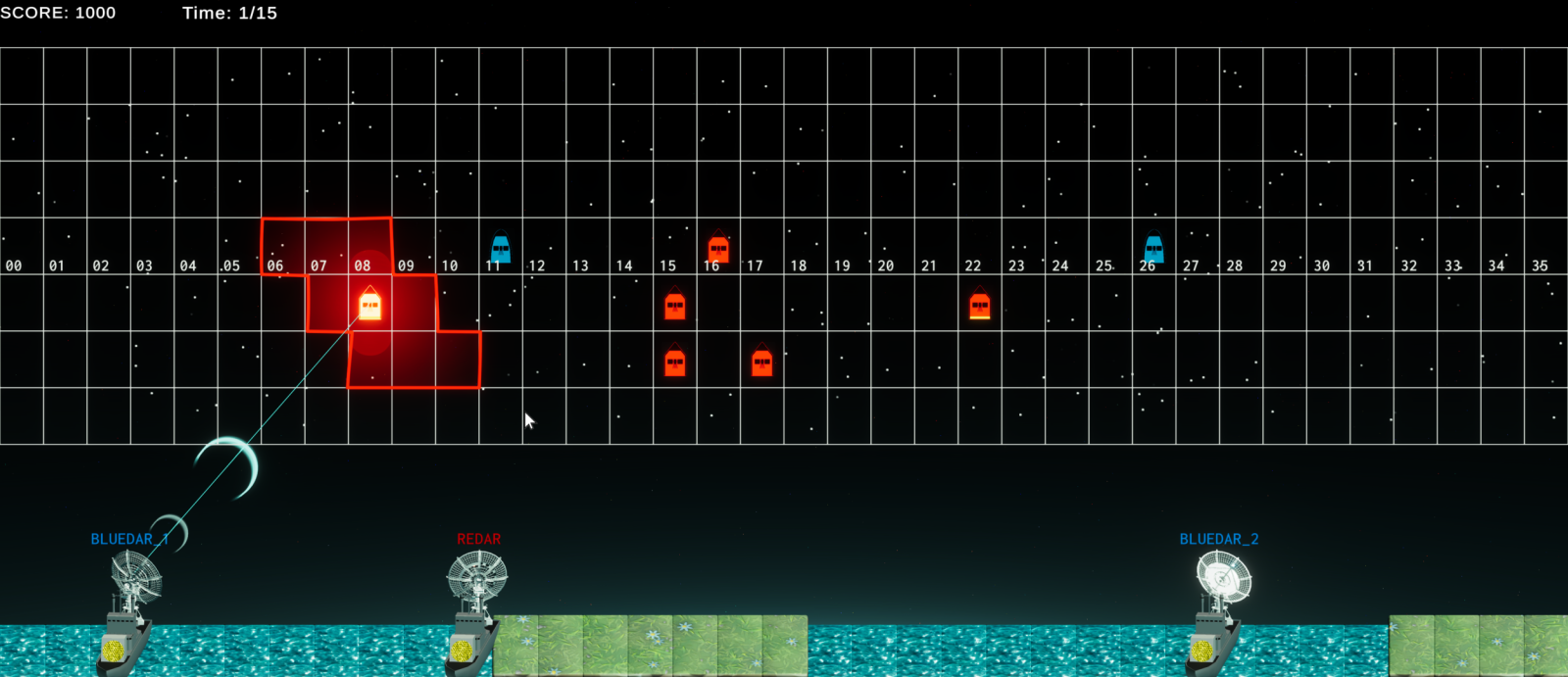 A screenshot of the game interface shows the blue team using a ground asset to analyze one of the red team's satellite's activity.