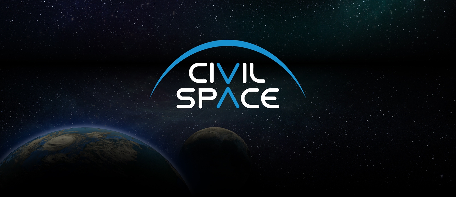 The words Civil Space written in the middle of a dark image of the Earth and Moon in space.