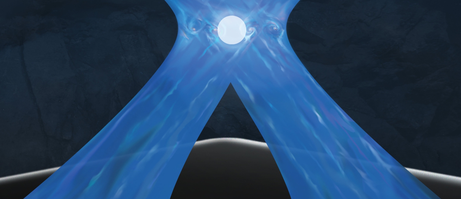 An artist's depiction of a glowing orb (trapped ion) held in place with laser beams.