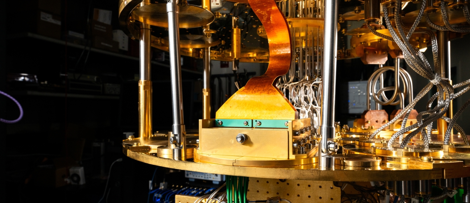 A photo of a prototype of Lincoln Laboratory's flexible cryogenic cables installed inside a dilution refrigerator 