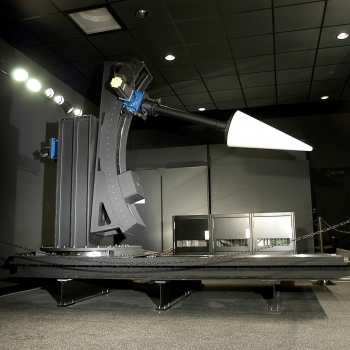 The white cone with its high reflectivity is a good target for testing an optical system's capability to image an object. The cone is installed on a target manipulator created by Lincoln Laboratory engineers.