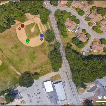 the three colored circles indicate the actual locations from which researchers aimed laser beams, and the matching colored diamonds indicate the locations identified by LASSOS as the sources of the beams.