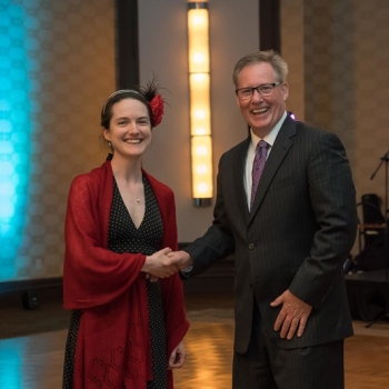 During the May gala held by the Lexington-Concord chapter of AFCEA Boston, Pat Dagle, right, president of the chapter, congratulates Christina Epstein on her 40 Under 40 Award. 