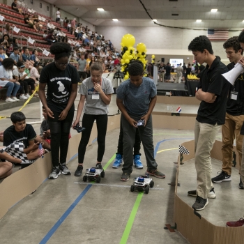 Middle school students race their programmed RACECARs at the BWSI final event. Photo: Glen Cooper