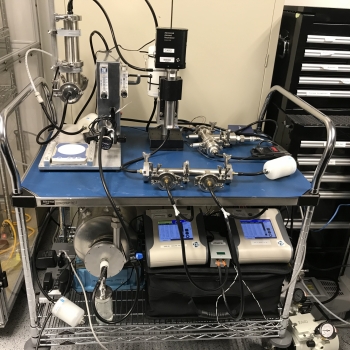 A photo in a lab of the filtration technical setup on a bench.