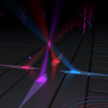 a gray surface has four holes cut in it; purple, blue, red, and orange lasers emit from each hole and hit a purple glowing "ion" hovering above the surface. This setup is repeated four times, going off into the distance