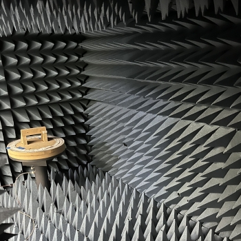 A photo of the students' antenna in an anechoic chamber. 