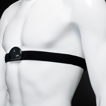 A mannequin wearing a heart-rate monitor on a chest strap