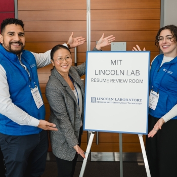 From left to right, Martinez, Stephanie Tran, and Angela Campbell were among the staff who supported the Laboratory's career booth at the SASE conference.