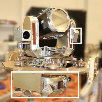 A photo of a laser communications terminal with bounding boxes around specific components.