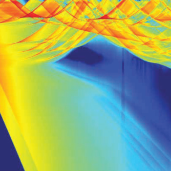Shown is a color-coded (spectrum from indigo to red) sound propagation profile generated by water temperature measurements.