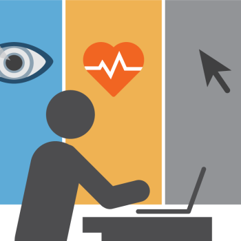 Graphic of person at laptop with eye tracker, heart rate monitor, and software workflow monitor icons to depict sensors that collect user data.