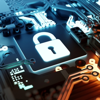 This is a stylized image of circuits with an icon of a lock superimposed over the circuits to represent securing the data in the circuits.
