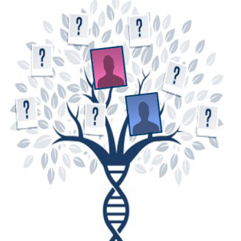 This concept graphic shows a DNA strand beneath a treelike structure holding two silhouettes of people.