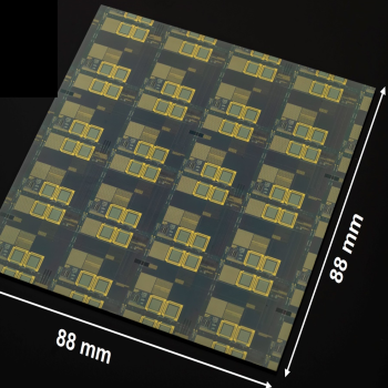 Sample photo of a large-area (88 mm × 88 mm) AI decision-tree-optimized active fabric with 16 deep ultraviolet reticles.