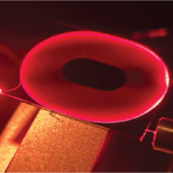 A photograph of the scatter out of the spiral delay line when red light is sent through the input port.