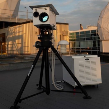 A ruggedized sensor is shown mounted on a base so it can be set up unattended to monitor a region of airspace.