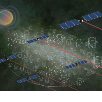 An artistic illustration shows the concept of multiple satellites combining together to detect a magnetic field around a planet. 