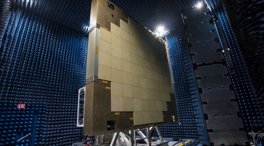 In the large near-field scanner chamber, the full-scale Multifunction Phased Array Radar prototype undergoes beam pattern testing. 