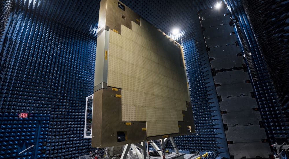 In the large near-field scanner chamber, the full-scale Multifunction Phased Array Radar prototype undergoes beam pattern testing.