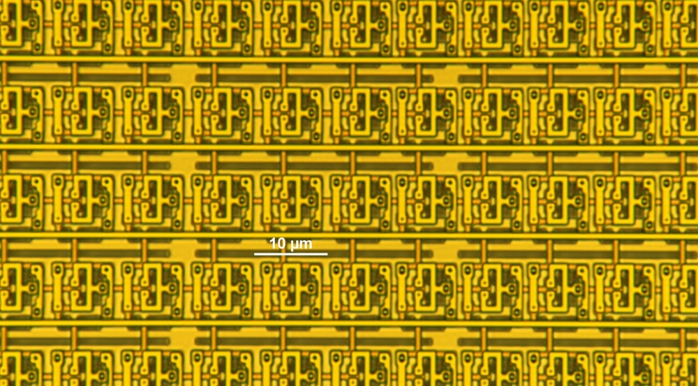 Photomicrograph of superconducting random access memory (RAM) circuit with record density of about 4 million Josephson junctions per square centimeter, fabricated at Lincoln Laboratory.