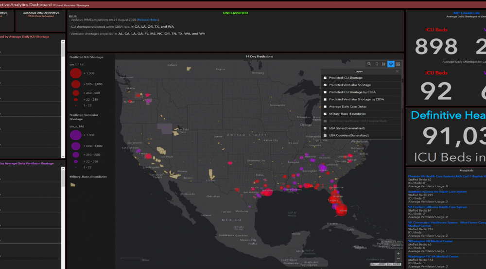 A graphic showing the united states with red circles representing COVID-19 hotspots.