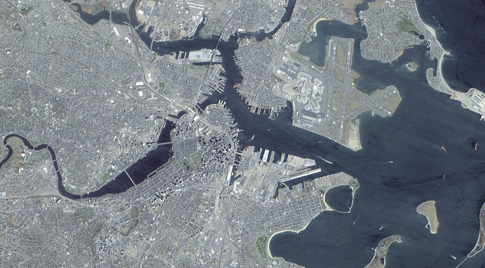 The panchromatic-sharpened, natural color image of Boston above was generated from data collected during a 23 April 2001 scan by the Advanced Land Imager (ALI). 
