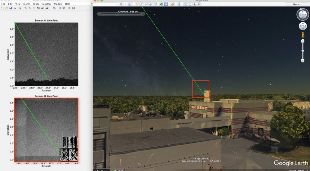 The LASSOS display screen highlights the laser strike event in live sensor imagery and generates a 3D model of the laser streak in Google Earth. Image courtesy of the research team.