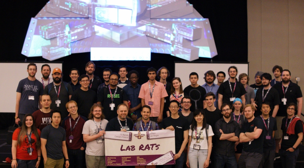 Thirty-eight Lab RATs, weary after 52 hours of hacking competitors' computer networks, posed for a team photograph at the DEF CON Capture the Flag competition held at Caesar's Palace in Las Vegas, Nevada. Photo: Wilson Wong