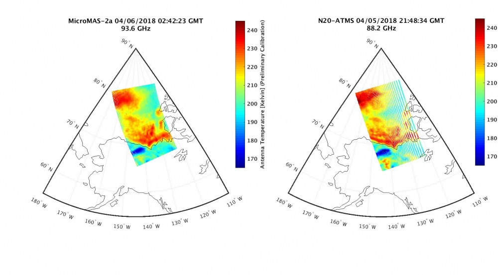 This image shows a comparison of data from MicroMAS-2A (left) and from the Advanced Technology Microwave Sounder (right) weather satellite. Spatial features of the images, including the precise location of the land-sea boundary, are in good agreement.