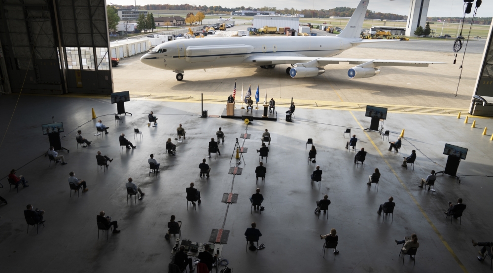 The ceremony marking the departure of N404PA from "active duty" as an airborne test bed drew roughly three dozen people who honored the aircraft's historical contributions to vital Lincoln Laboratory programs. Photo: Glen Cooper