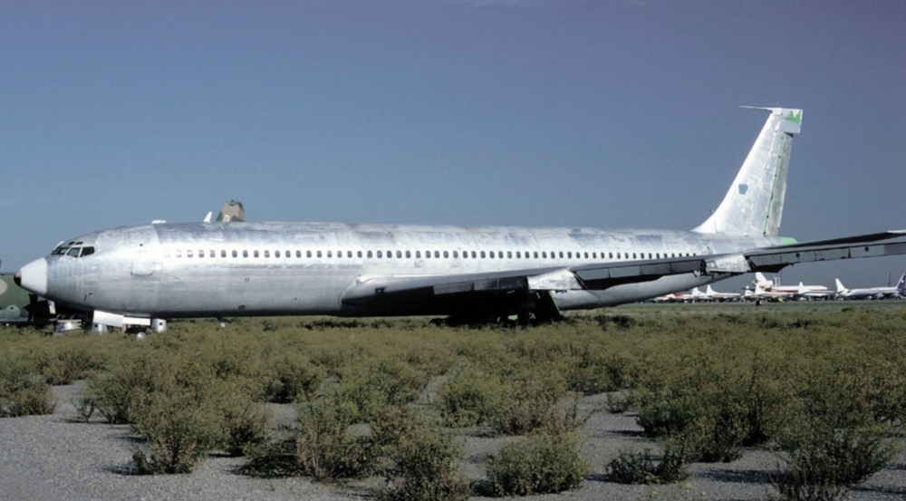 This 1988 photograph of the Boeing 707 newly purchased by Lincoln Laboratory illustrates its "used" appearance.