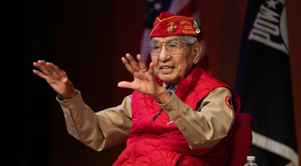 Navajo Code Talker Peter MacDonald delivers a talk at Lincoln Laboratory on May 30. Photo: Glen Cooper