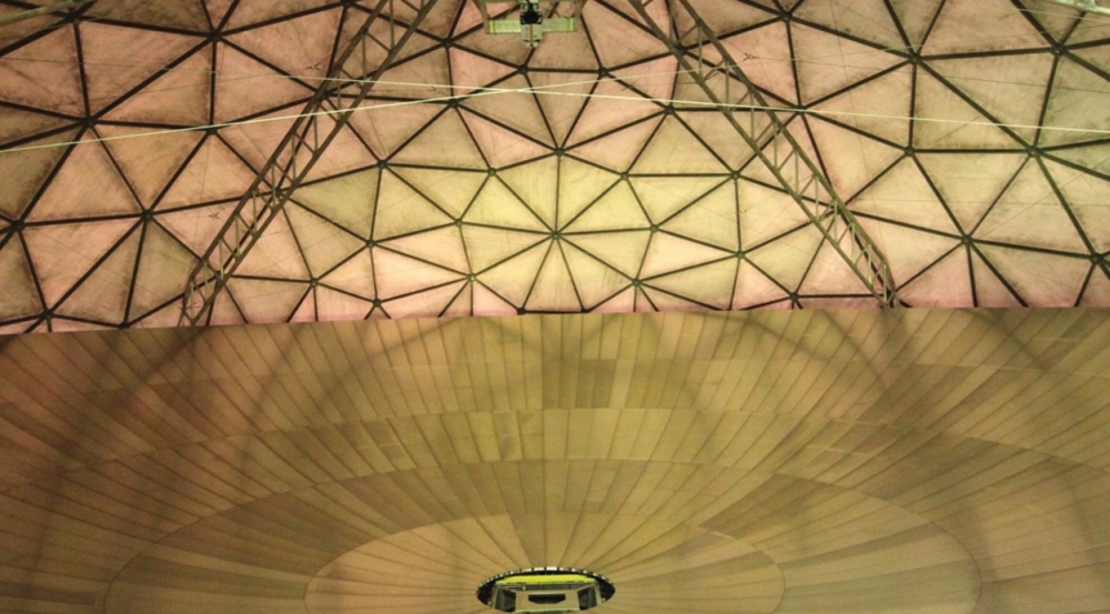 The 120-ft-diameter antenna of the Haystack Ultrawideband Satellite Imaging Radar (HUSIR) is shown enclosed in the radome housing.