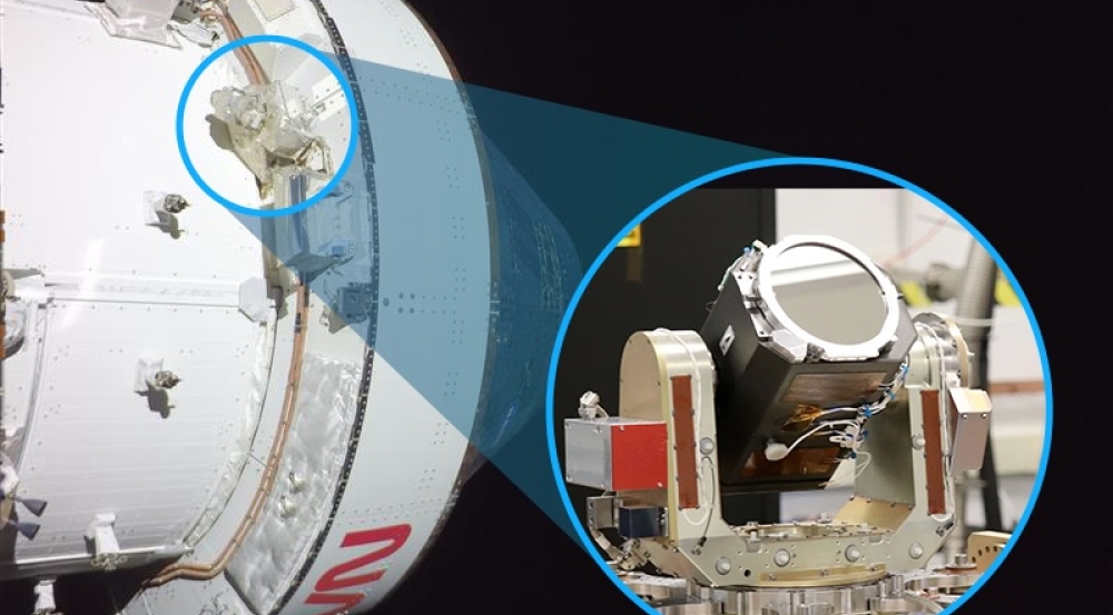 An image of a spacecraft with a callout image zooming in on a laser communications system on board the spacecraft.