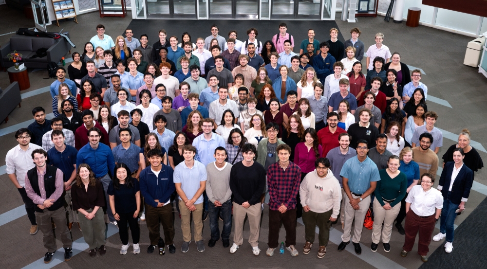  A group of approximately 170 interns take a group photo in the Lincoln Laboratory lobby.