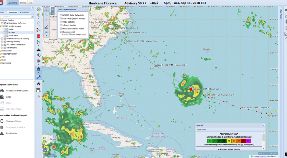 A snapshot of the HURREVAC interface showing hurricane florence over atlantic ocean.