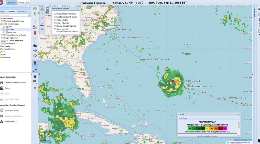 A snapshot of the HURREVAC interface showing hurricane florence over atlantic ocean. 