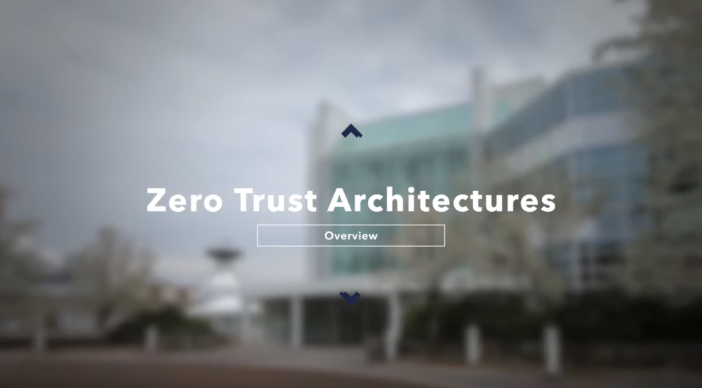 An image of Lincoln Laboratory's exterior -- square building with all glass, and small white-blossomed trees in front. Overlaid on the image is text that says "Zero Trust Architectures Overview"