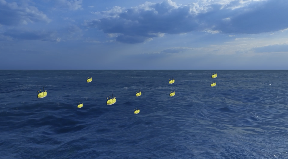 An illustration of a small fleet of autonomous surface vessels on the surface of the ocean.