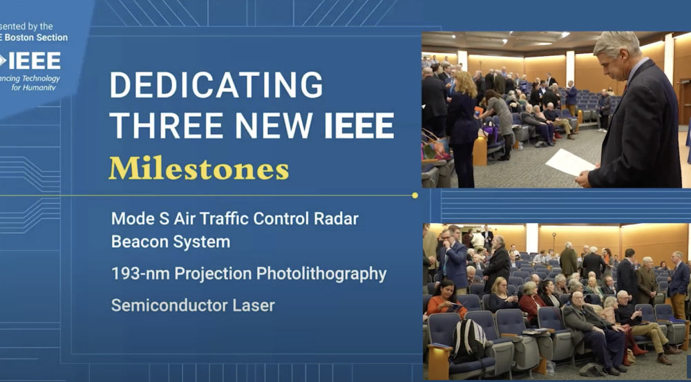 A title card reads "Dedicating Three New IEEE Milestones"