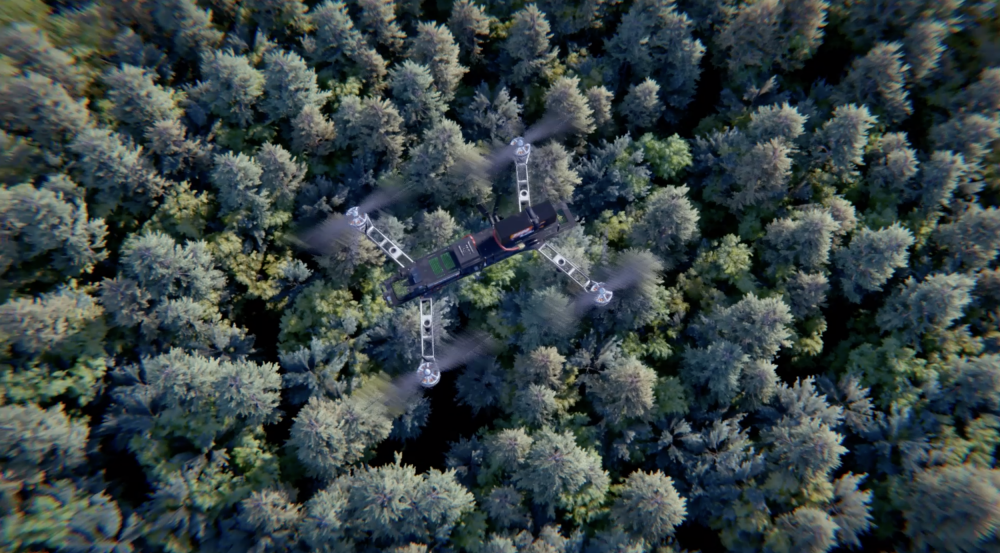 A computer-generated image of a UAV flying over a forest