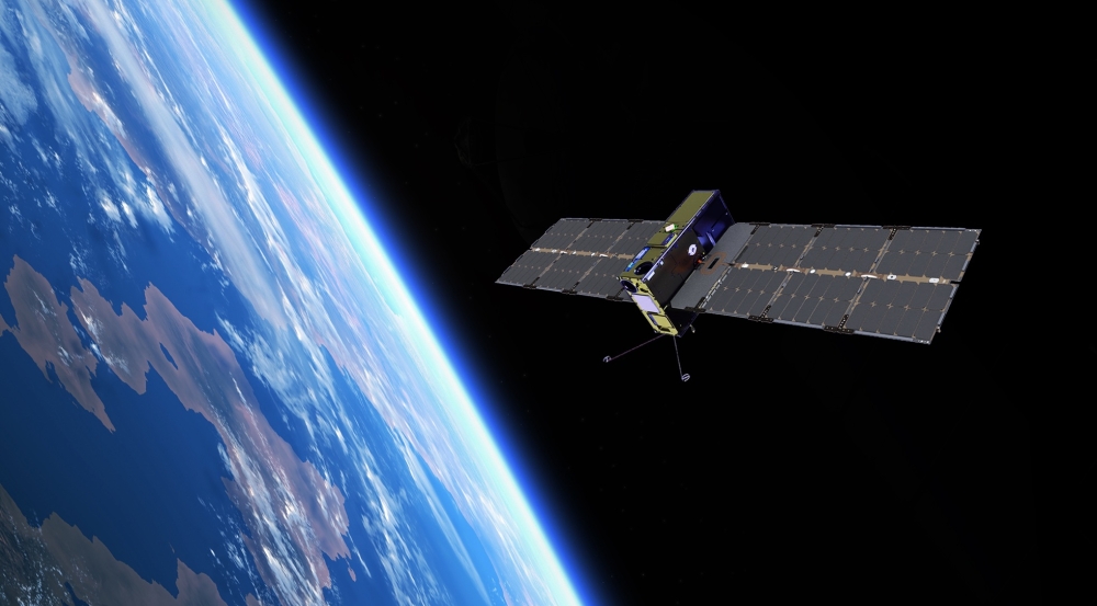An animation of a lasercom system sending data from space to Earth.