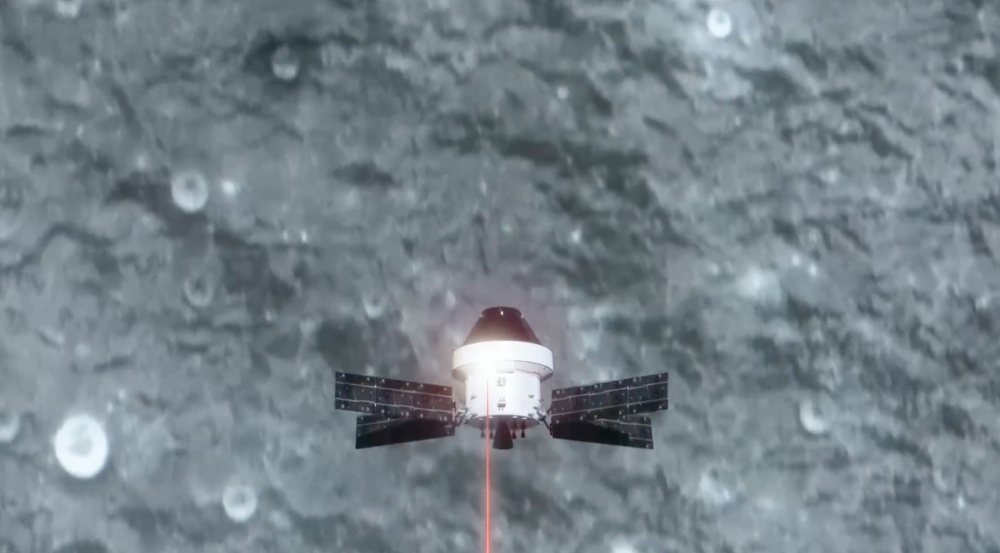 An artist visualizes a laser communications terminal ending data over infrared light links.