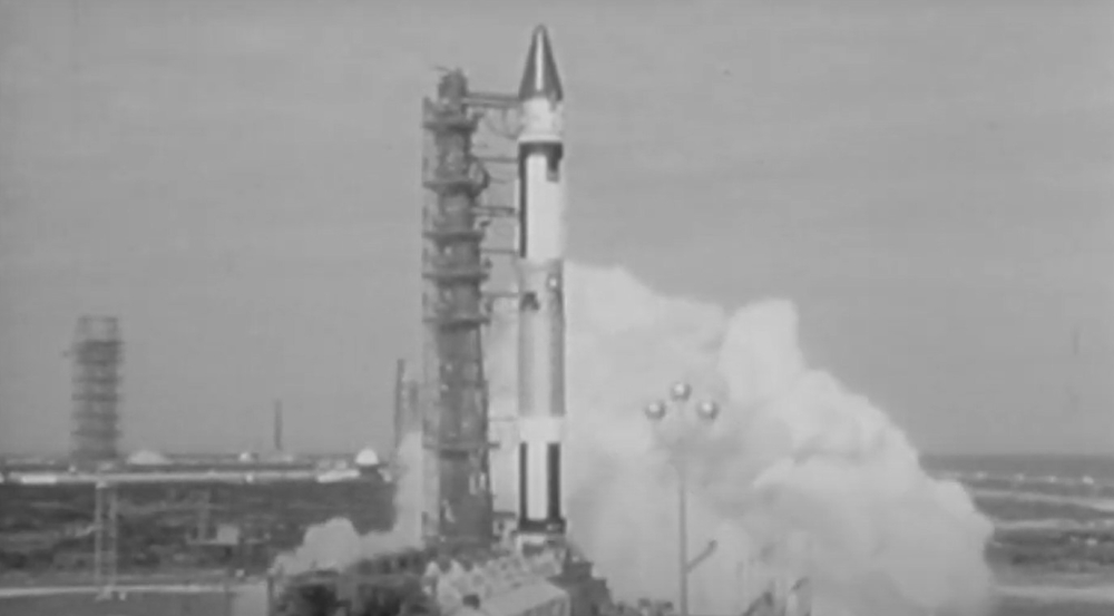 The Tital III-A booster rocket that carried LES-1 begins its ignition sequence.