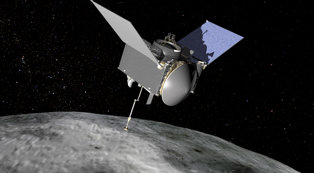 This illustration shows OSIRIS-REx contacting the asteroid Bennu. Aboard OSIRIS-REx is the REXIS instrument, for which the Laboratory developed CCDs that will image X-rays emitting from Bennu's surface. Illustration: NASA’s Goddard Space Flight Center
